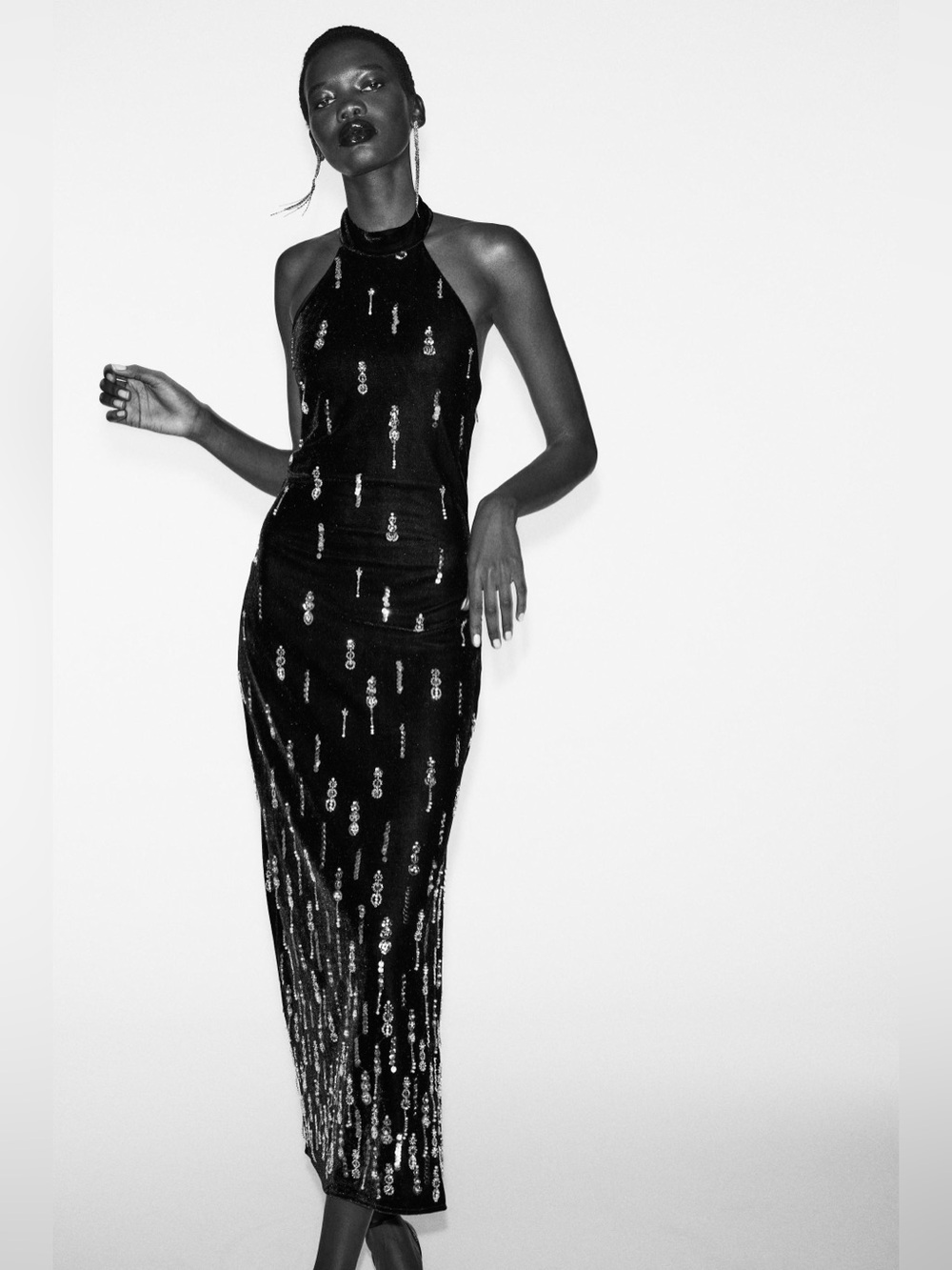 NWT. Zara Black Beaded Velvet Halter Neck Midi Dress with Open Back.